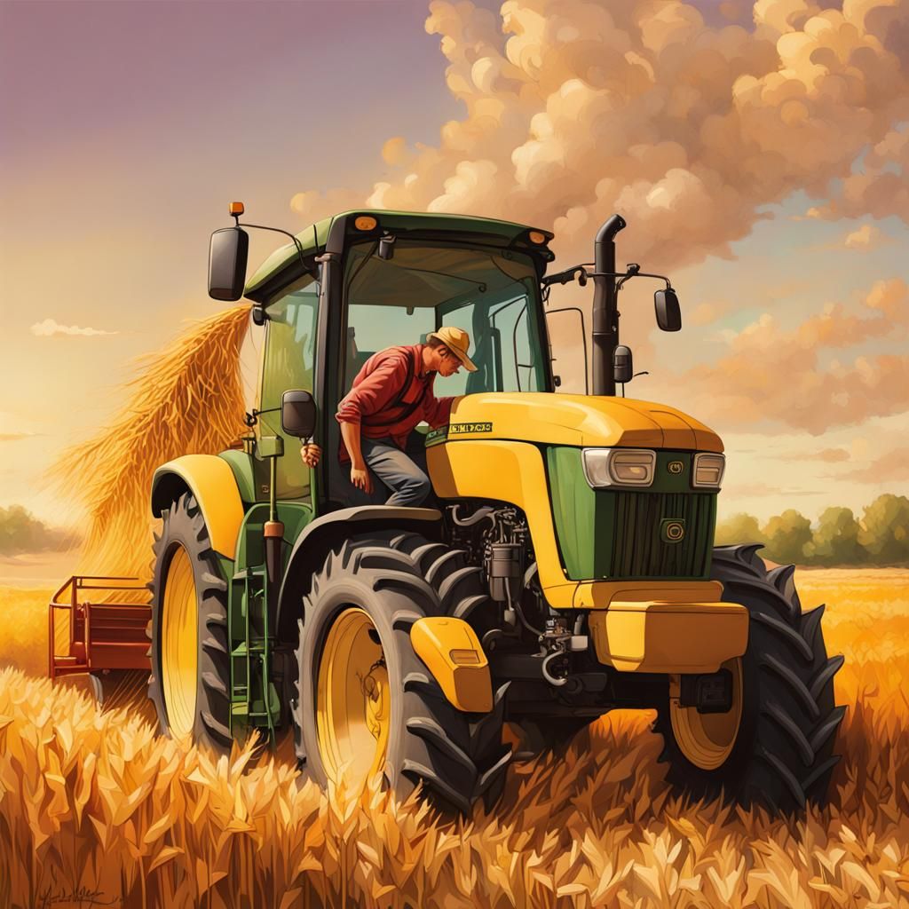 Farmer Repairs Harvester in Golden Wheat Field