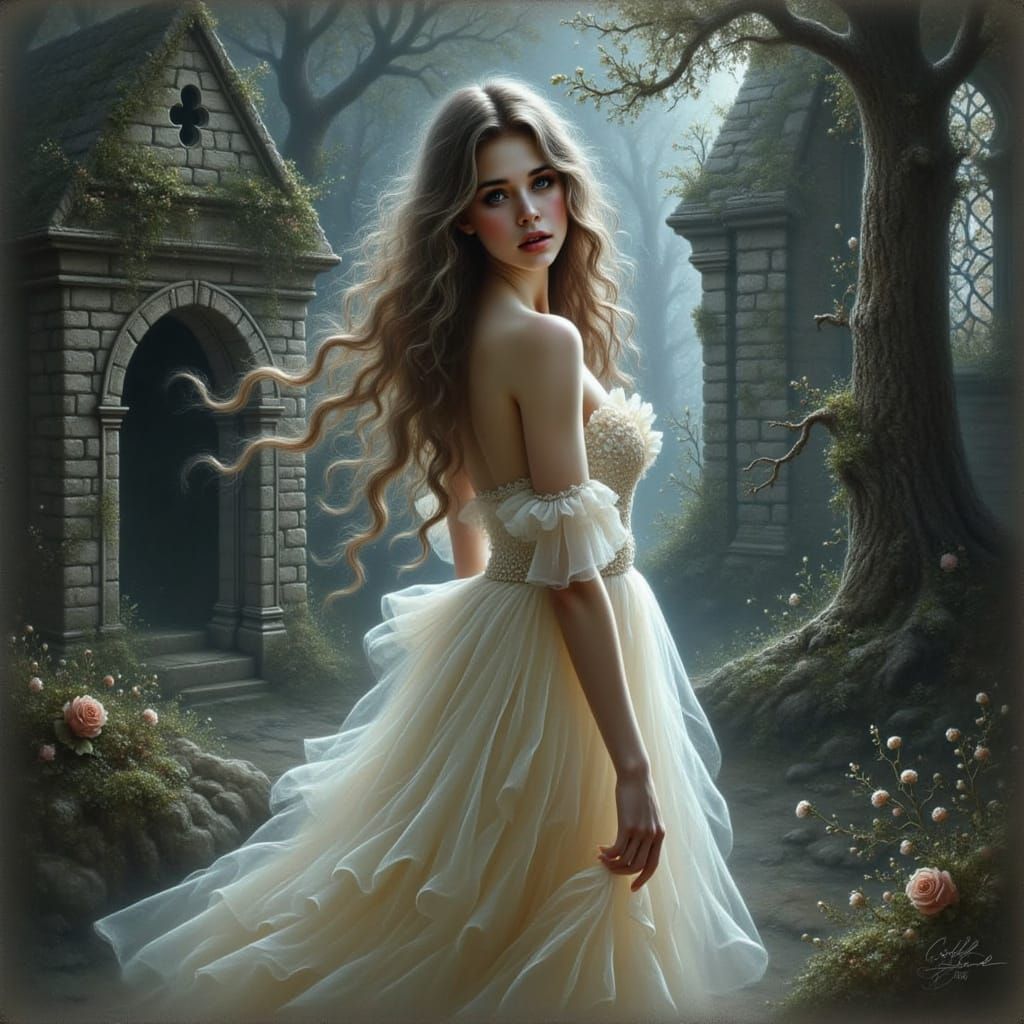 Gothic Postcard of Eleanor at Ruined Chapel