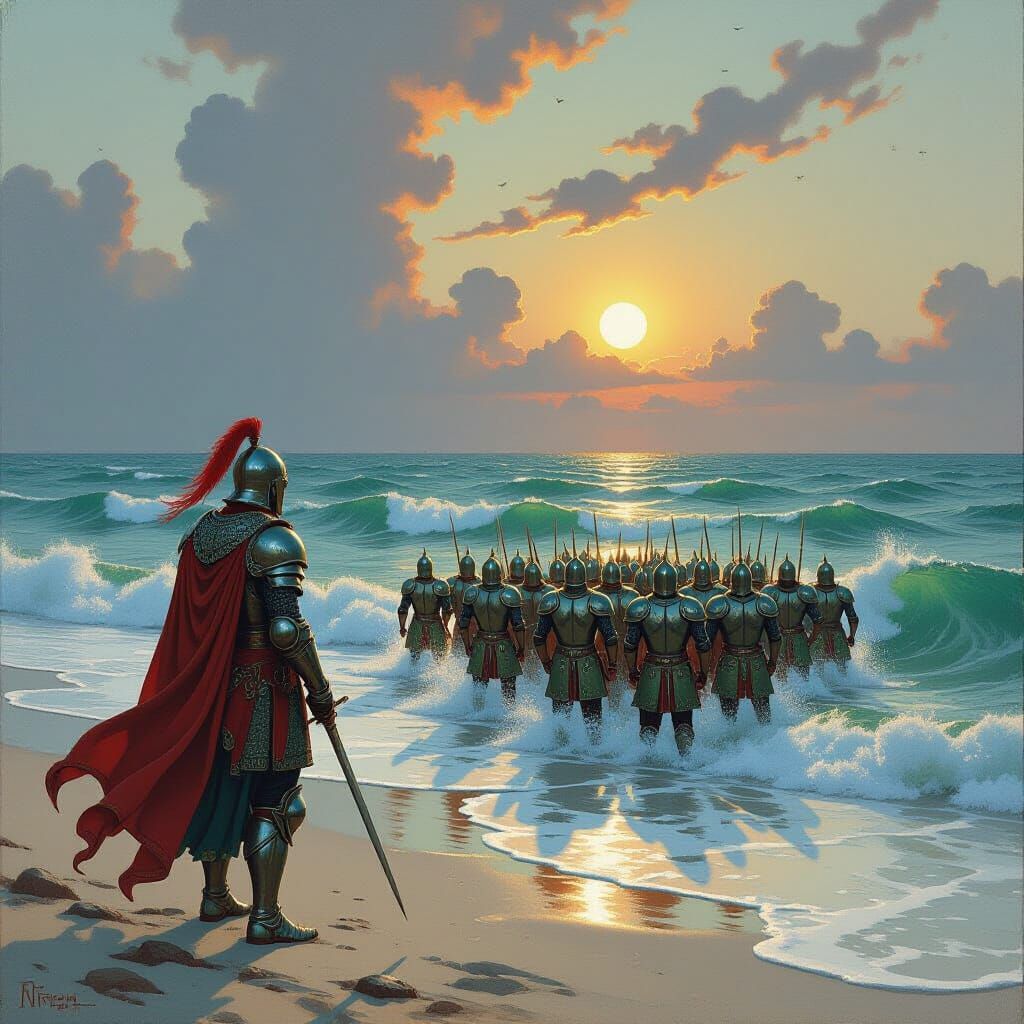 Knights Emerge from Turbulent Ocean in Bilibin Style