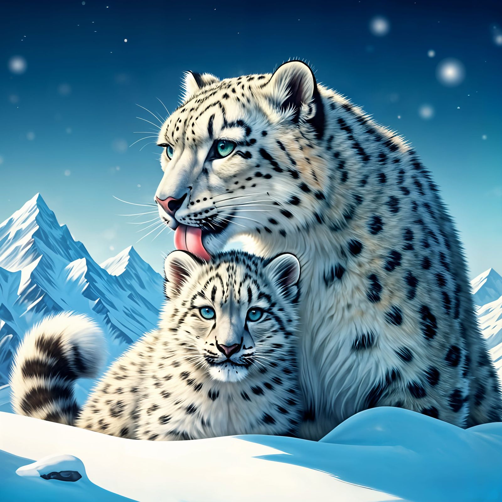 Snow Leopard Mother and Cub in Winter Landscape