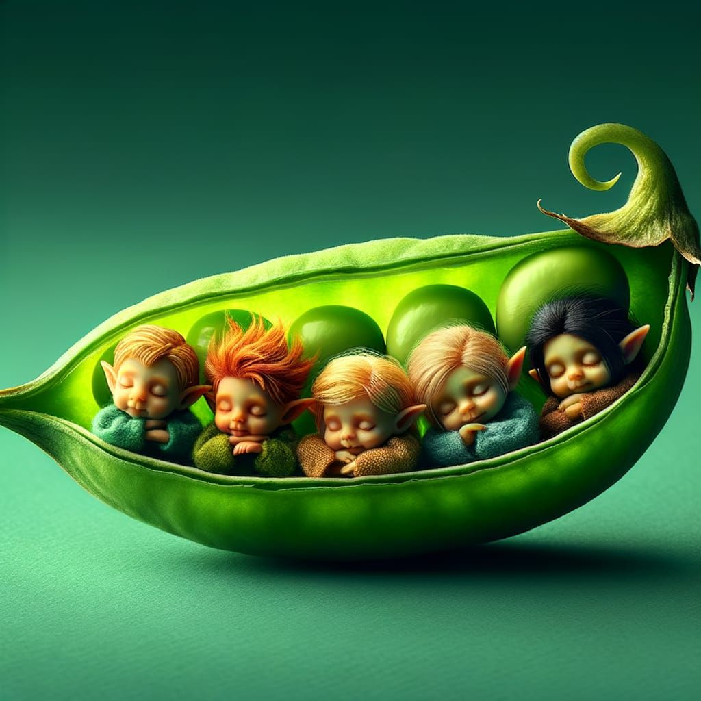 Elves Sleeping Peacefully in Pea Pod: Hyperrealistic Macro