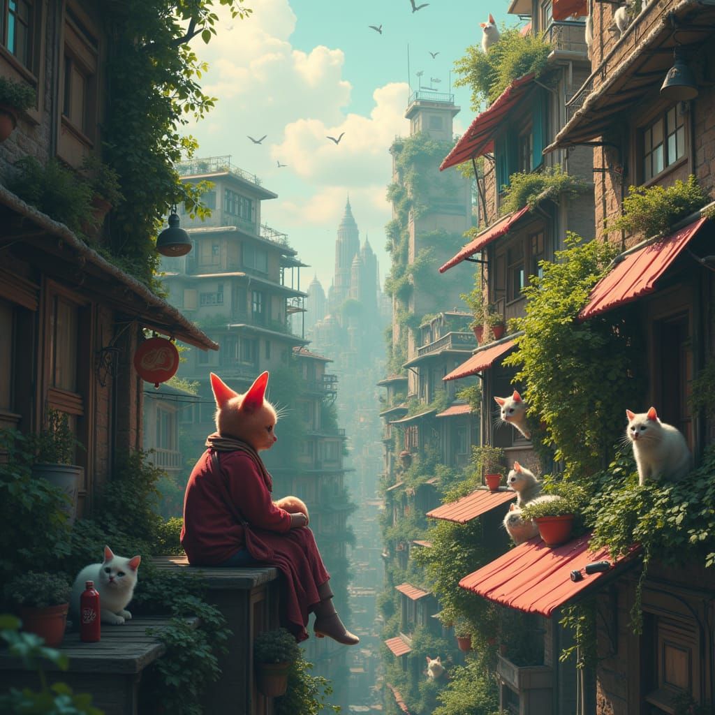 Whimsical Cat Lady in a Feline Metropolis
