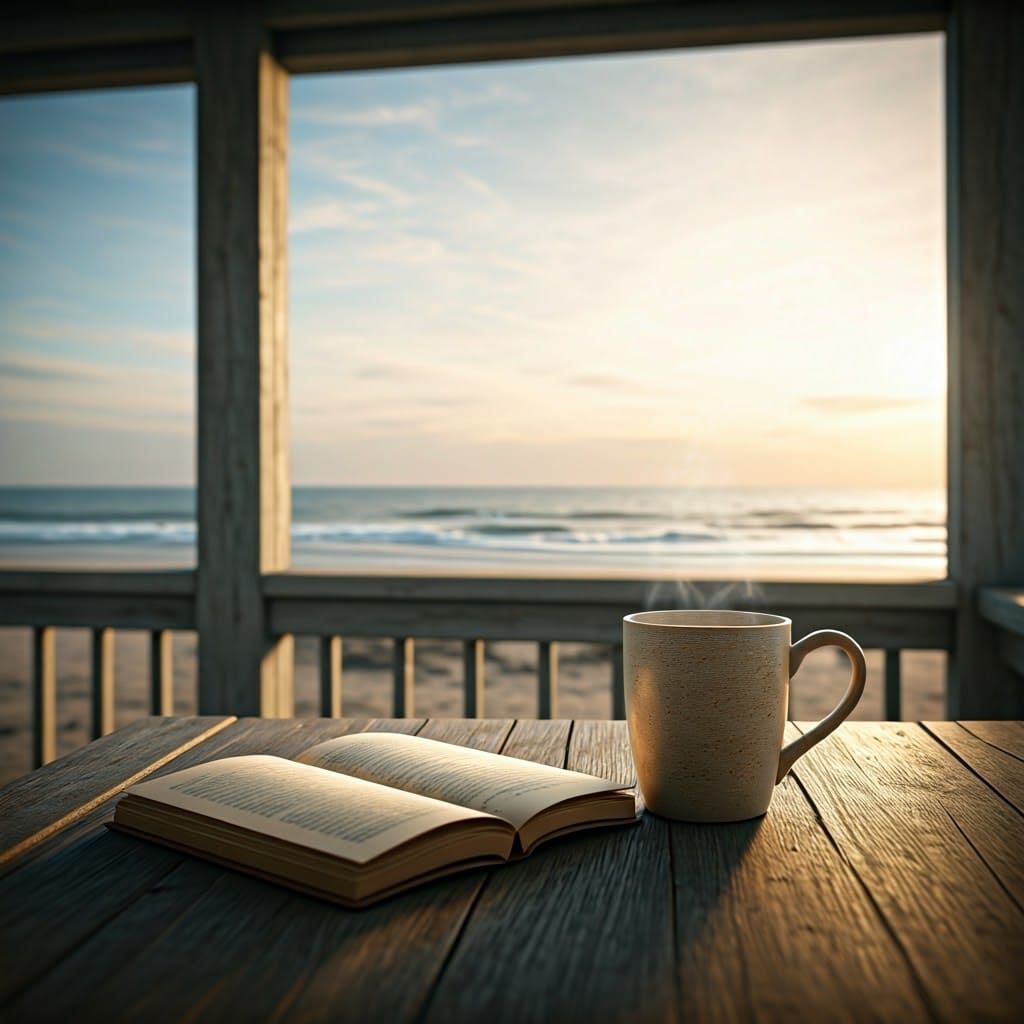 Cozy Beach Cottage Scene with Open Book and Coffee