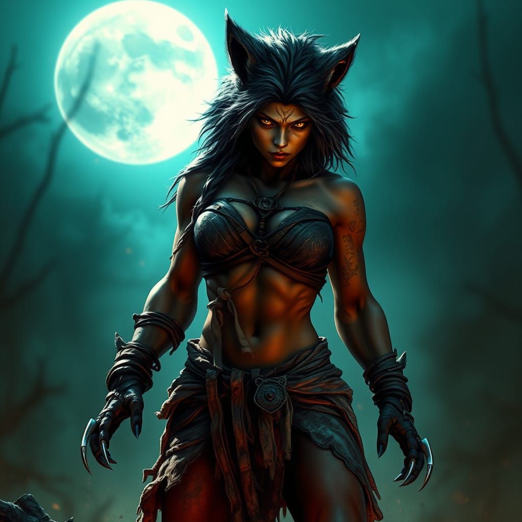 Heroic She-Werewolf in Moonlit Fantasy Backdrop