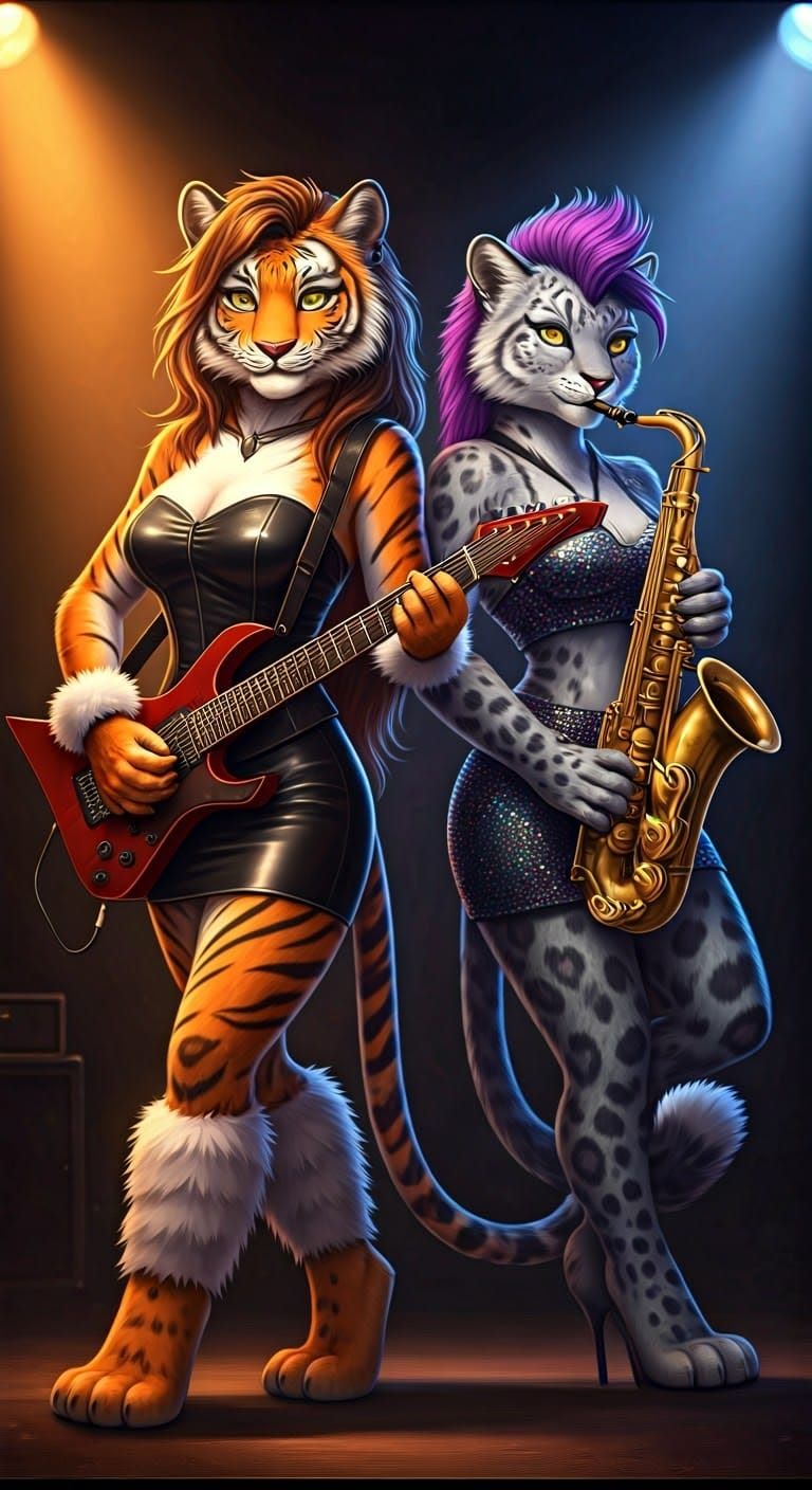 Feline Musicians Rock the Stage in a Vibrant Cinematic Aesth...
