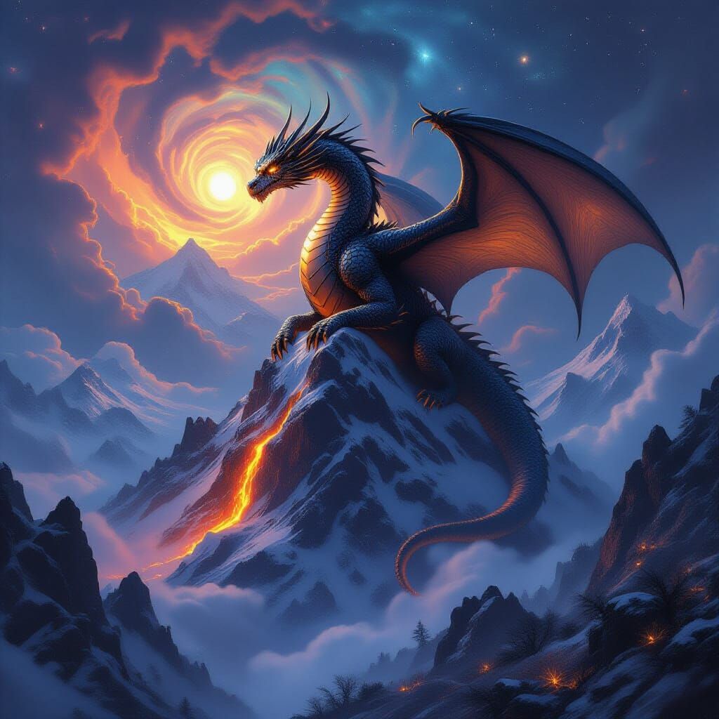 Majestic Dragon on Snowy Peak Under Nebula Sky