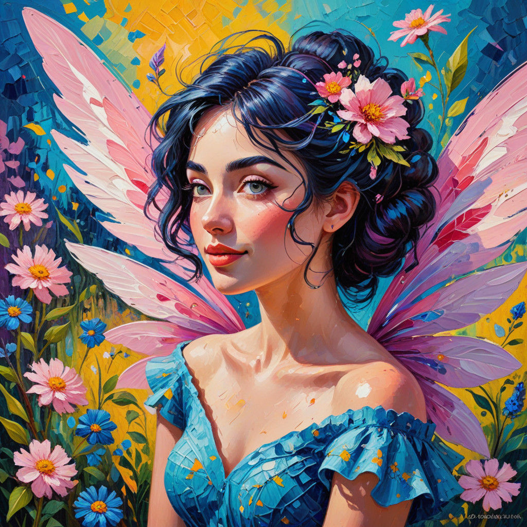 Fierce Pink Fairy in Vibrant Floral Wonderland, in Neo-Expre...