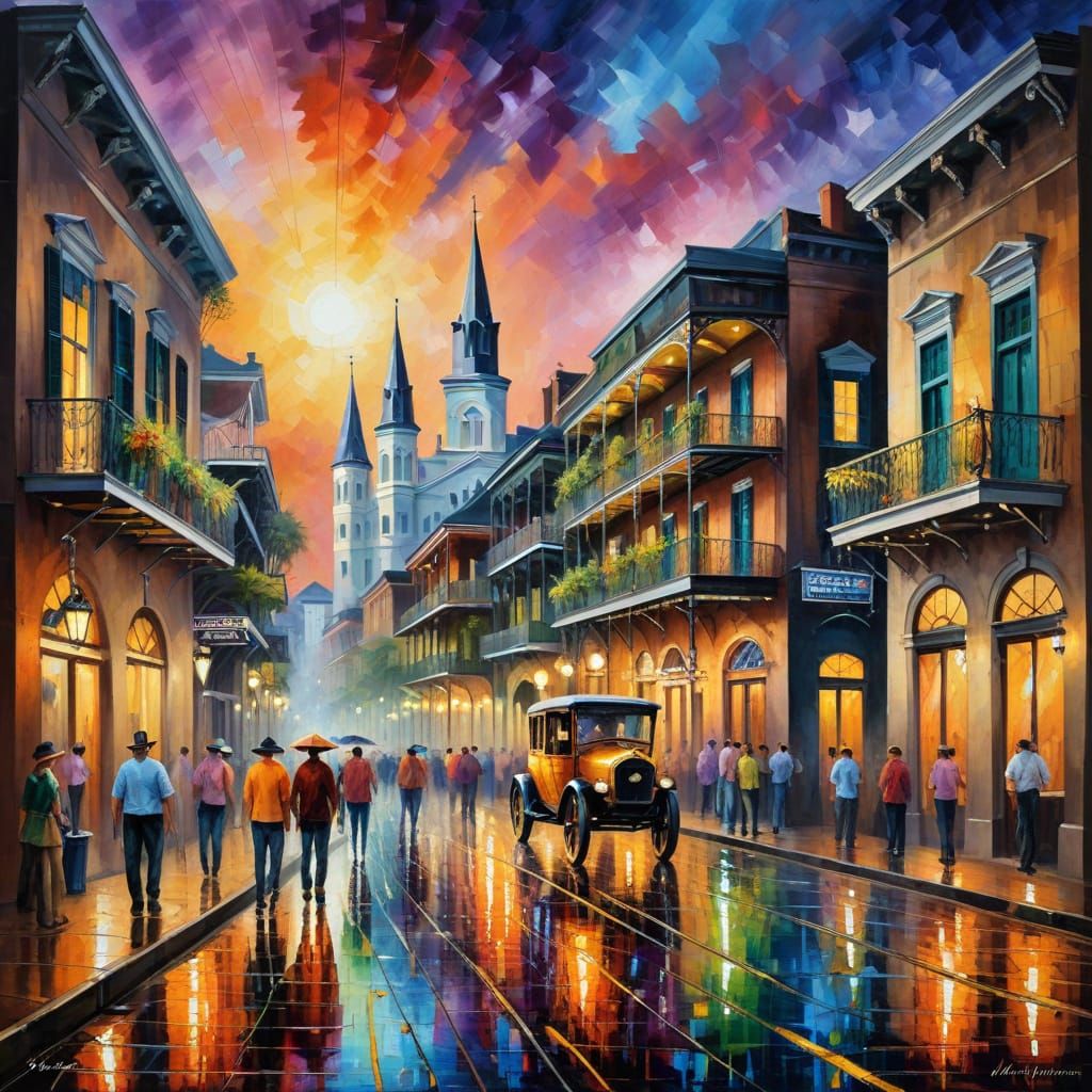 Mardi Gras Streetscape in Impressionist Style