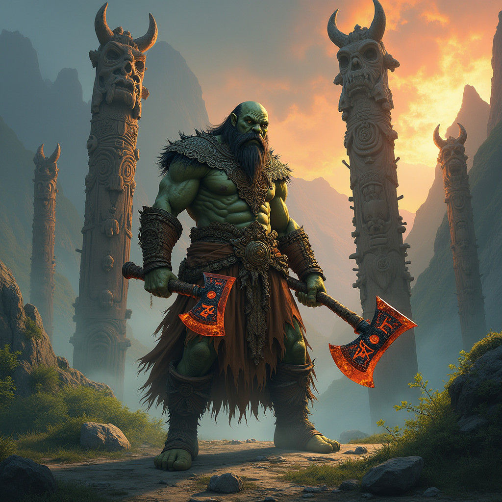 Orc Shaman with Magical Axes in Fantasy Landscape