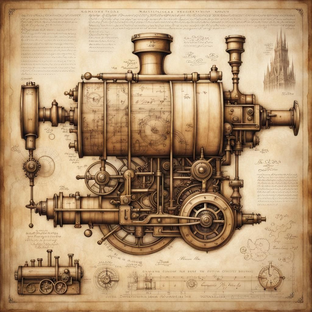 Steam Engine Blueprint on Renaissance Parchment