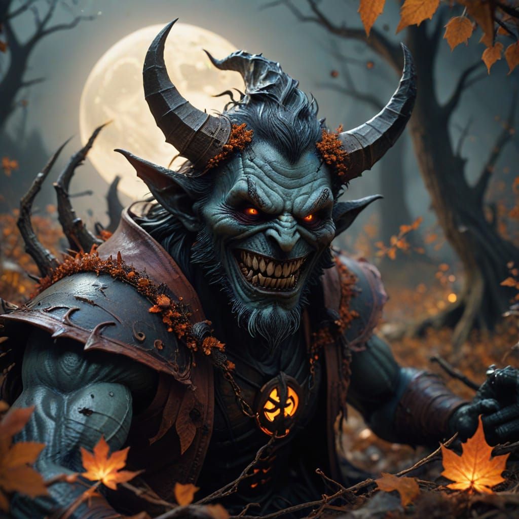 Demon Wizard Conjuring Autumn Vortex in Ancient Forest