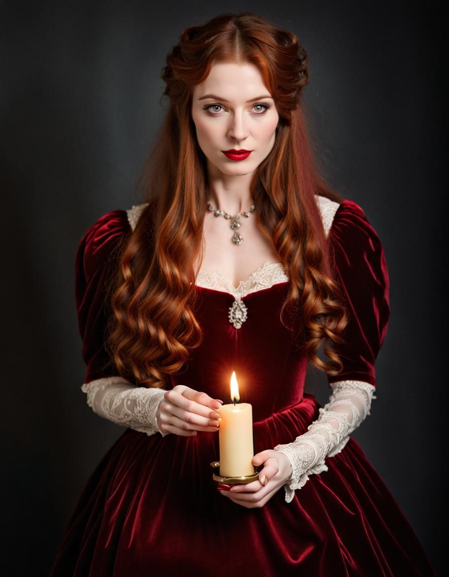 Victorian Woman with Candle in Red Velvet Dress