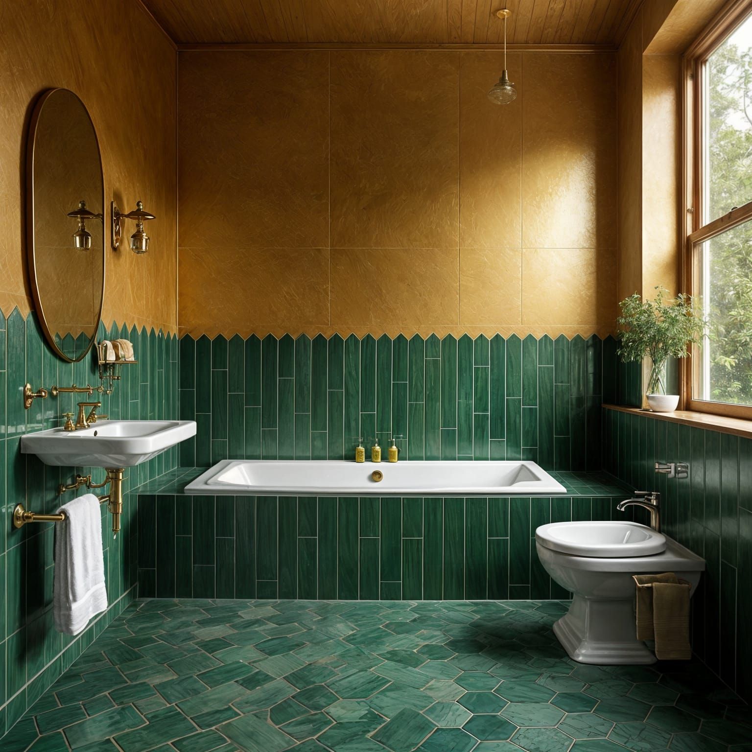Elegant Bathroom with Golden Accents and Wooden Green Walls