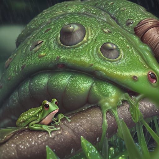 Surreal Snail Eats Frog: A Macro Oil Painting