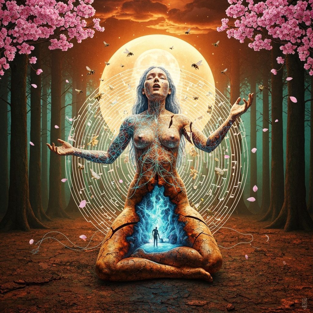 Mystical Shaman Sings Under Blooming Moonlight in Forest