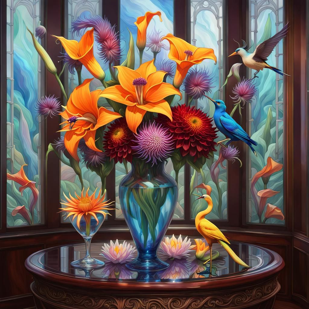 Magical Realism: Radiating Flowers in Glass Vase