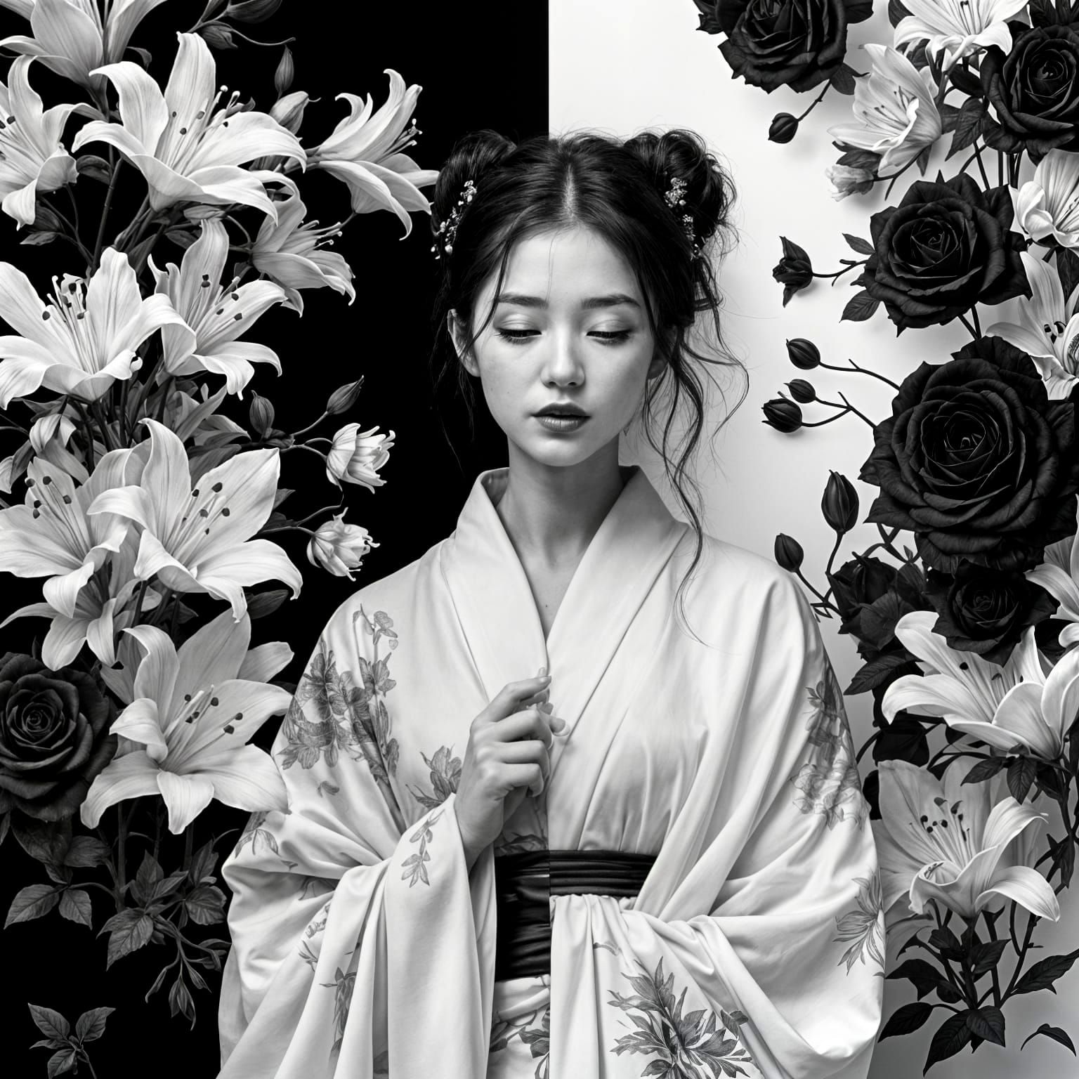 Ethereal Harmony: A Serene Woman in Monochromatic Beauty