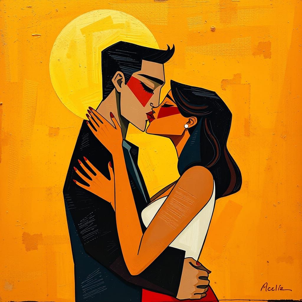 Cubist Couple in Passionate Kiss