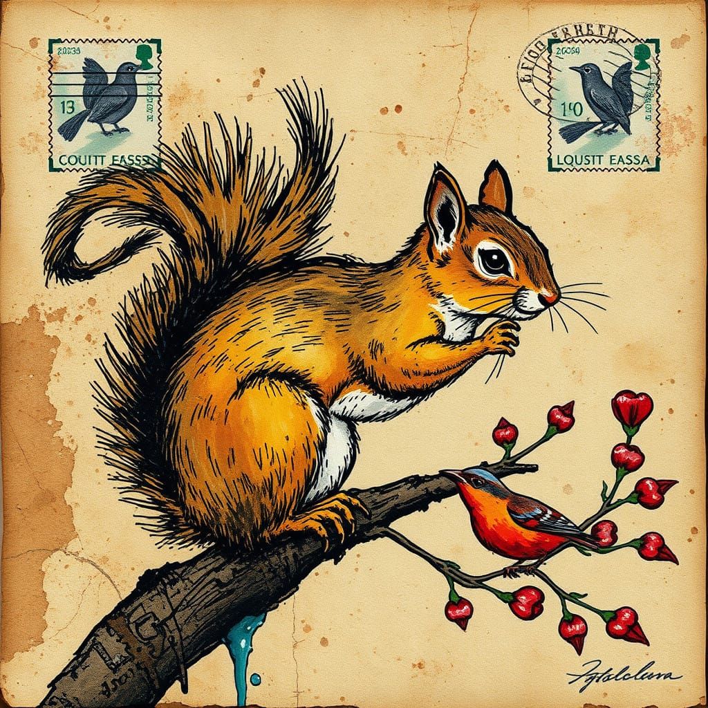Vibrant Art of Antique Paper and Squirrels in Impasto Colors
