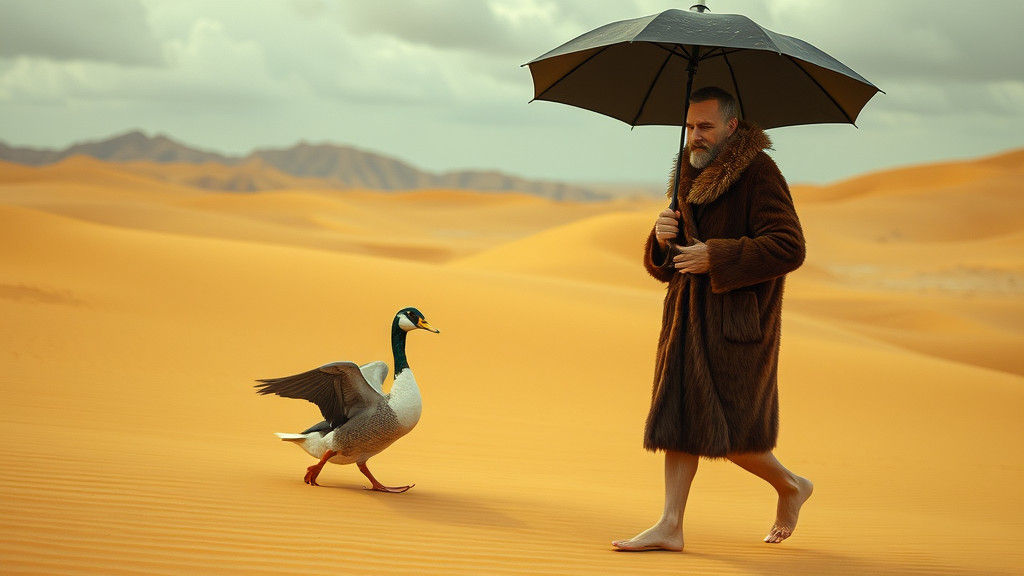 Surreal Desert Wanderer with Duck Companion