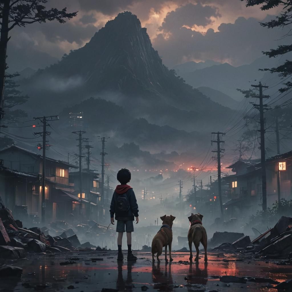 Hyperrealistic Anime Cityscape with Red Lights