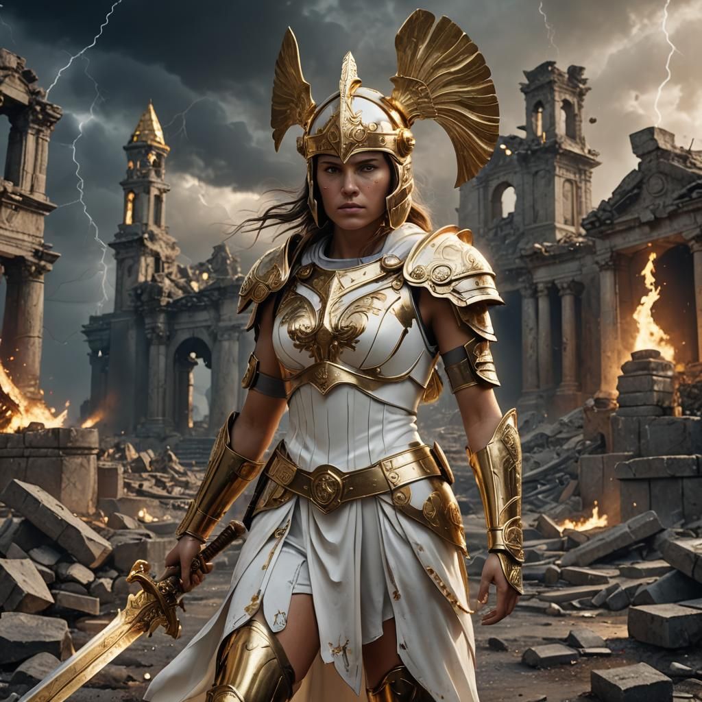 Athena in Golden Armor on the Battlefield