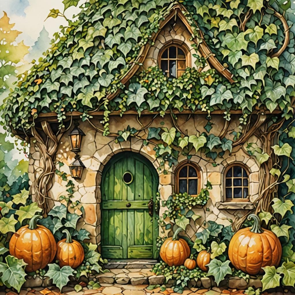 Ivy-Covered Gourd House in Romantic Watercolor Style