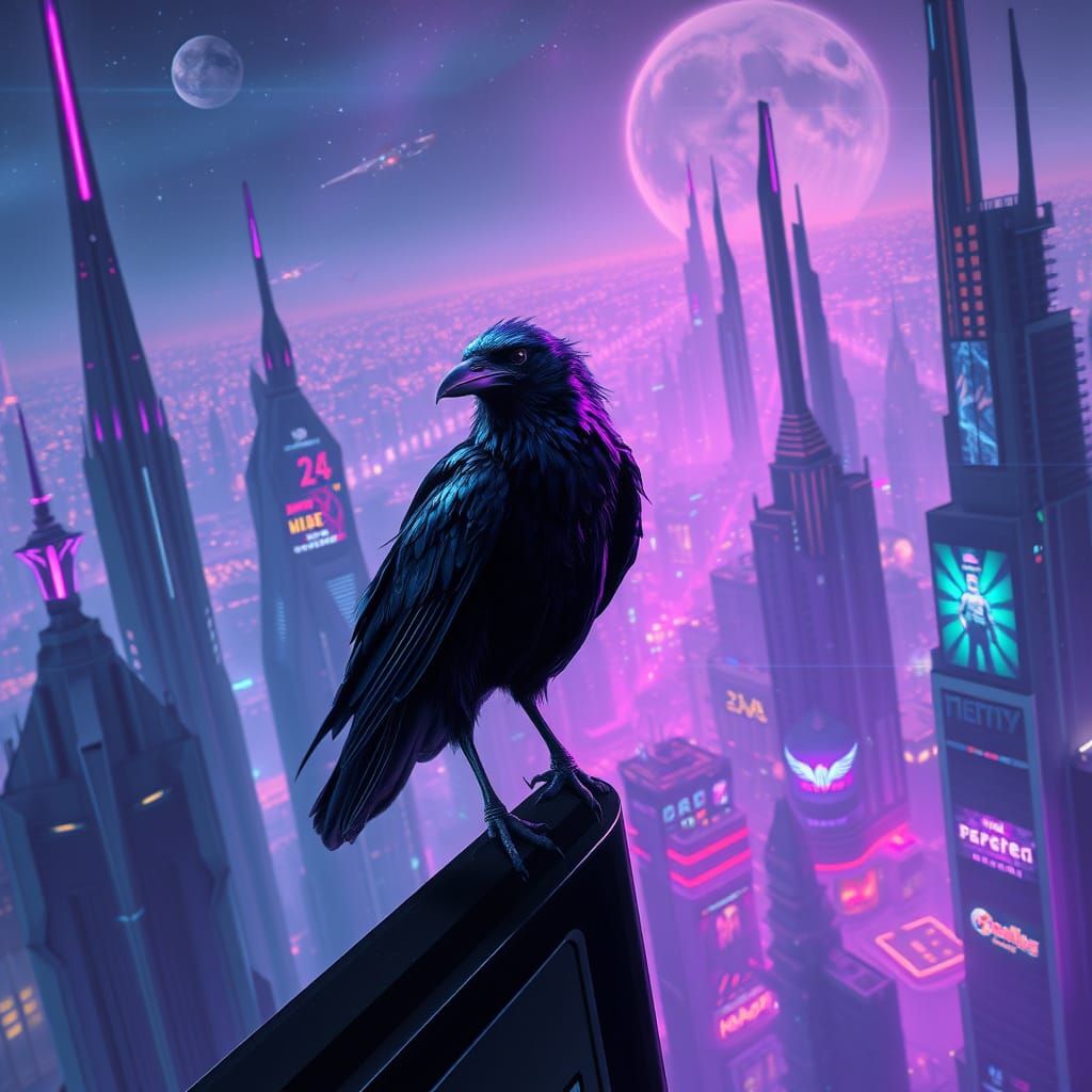 Cyberpunk Raven Amidst Dystopian Space Galaxy Metropolis
