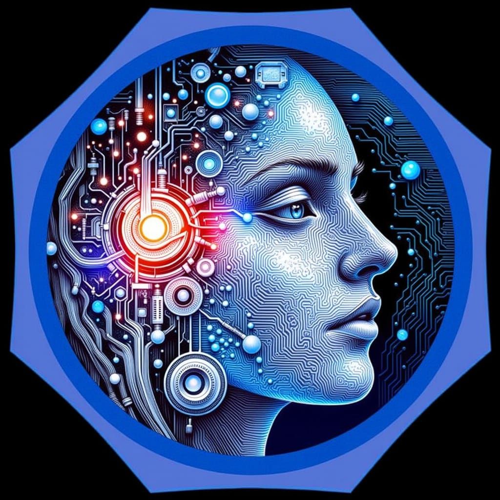 Electronic Face with Circuits and Grid Lines in Ink Drawing ...