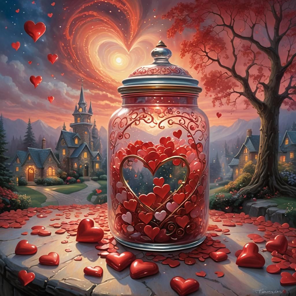 Sparkling Jar of Hearts in Ethereal Red Sky
