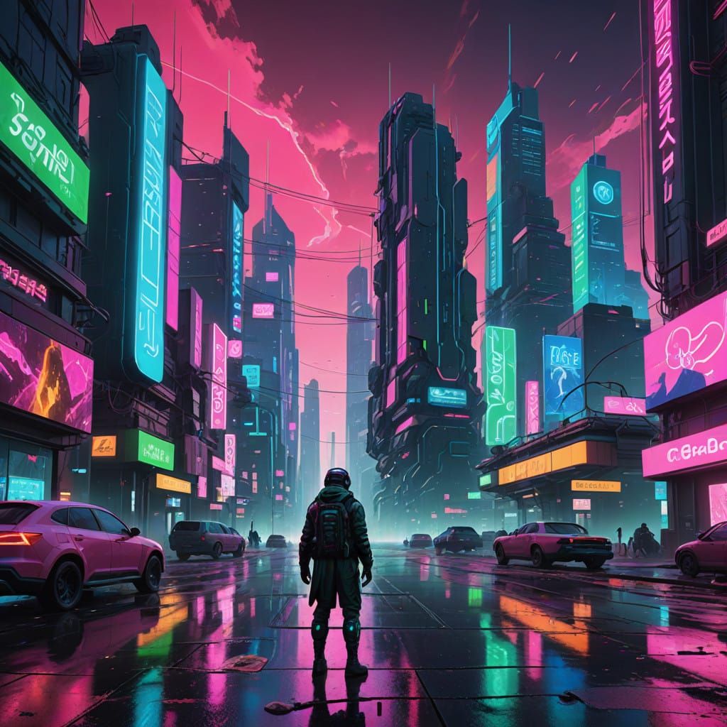 Cyberpunk Warrior in a Radiant Dystopian Cityscape