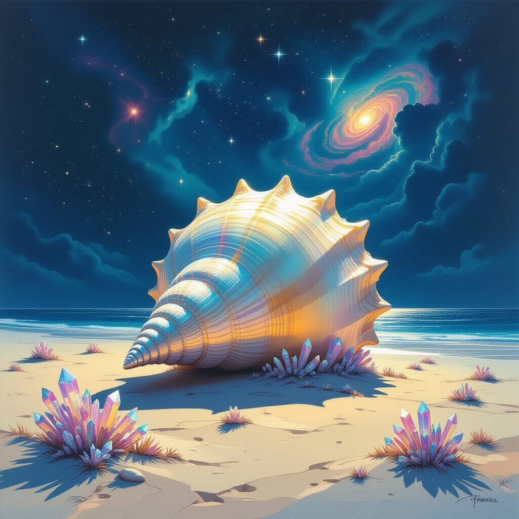 Alien Beach Scene with Giant Iridescent Seashell and Cosmic ...