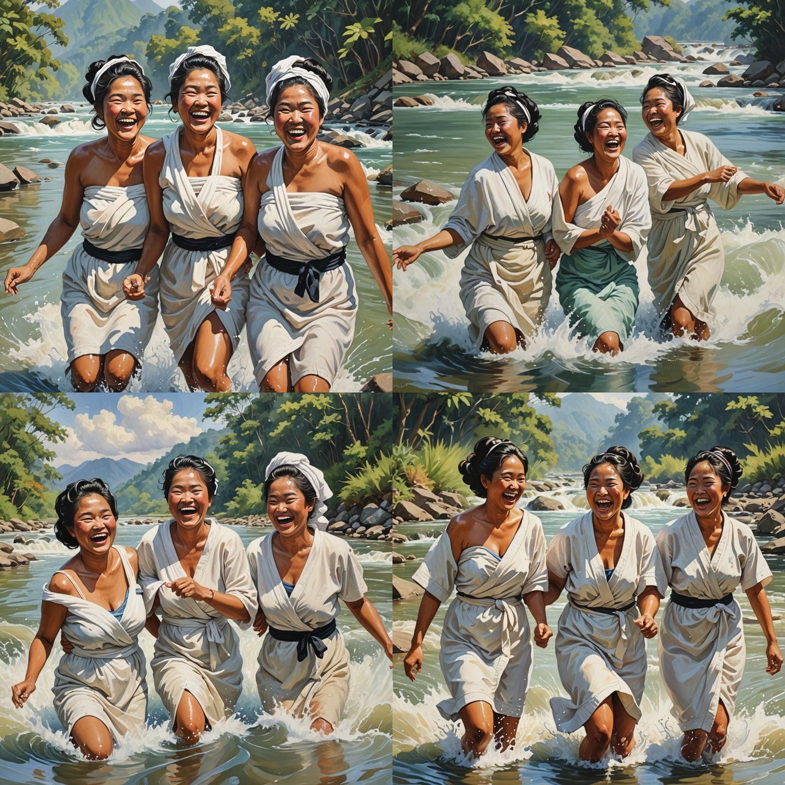 Joyful Indonesian Women Bathing in River Painting