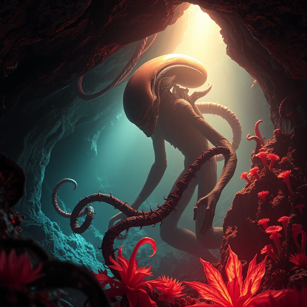 Alien in Underwater Crevice: Dark Fantasy Art