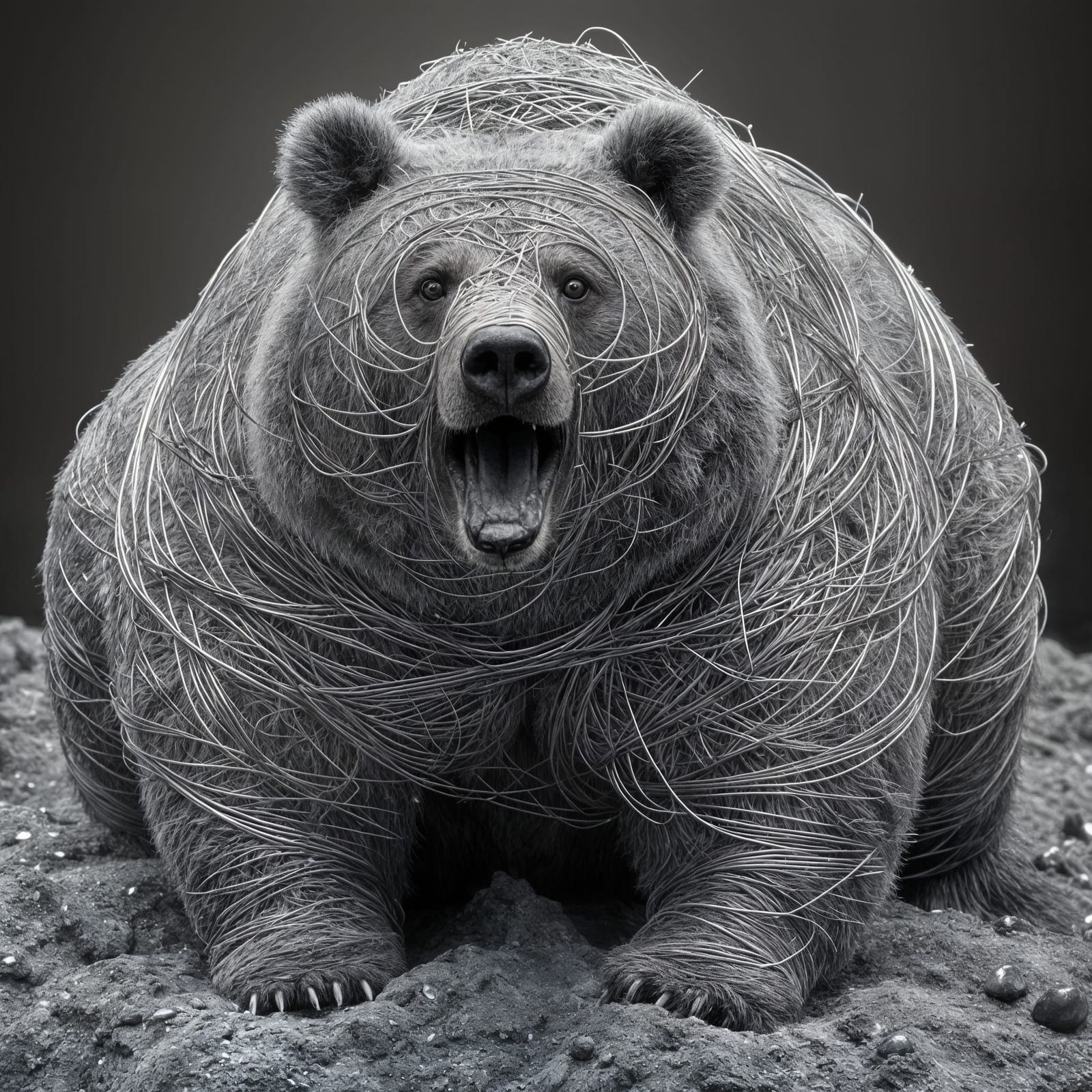 Excited Silver Wire Wrapped Kodiak Bear Microphotograph