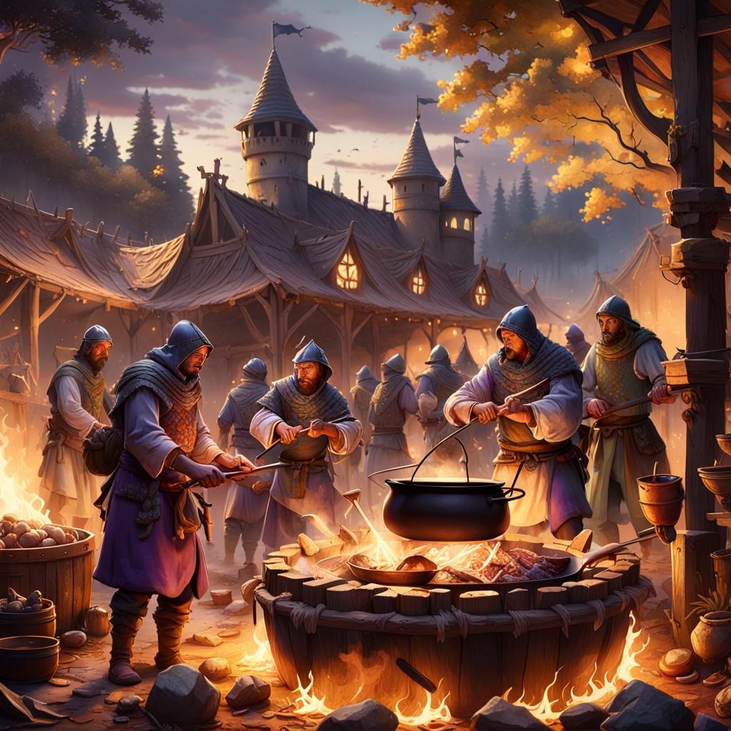Medieval Camp: Soldiers Cooking, Dark Fantasy Concept Art