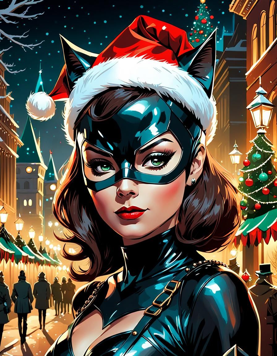 DC Catwoman in Christmas Hat, Comic Book Art