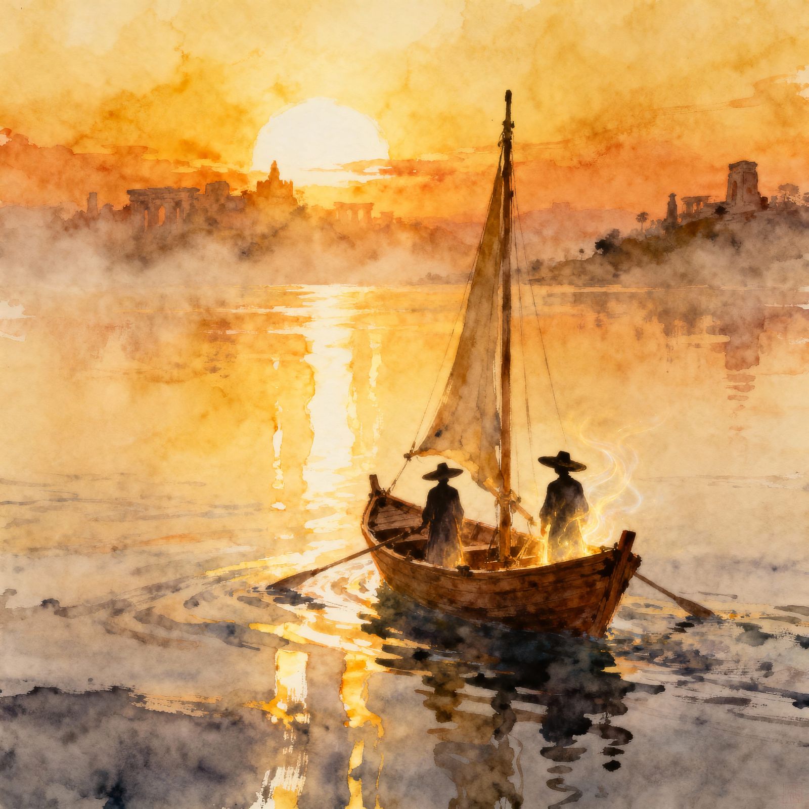 Serene Sunset Sailboat Voyage in Golden Hour Watercolor