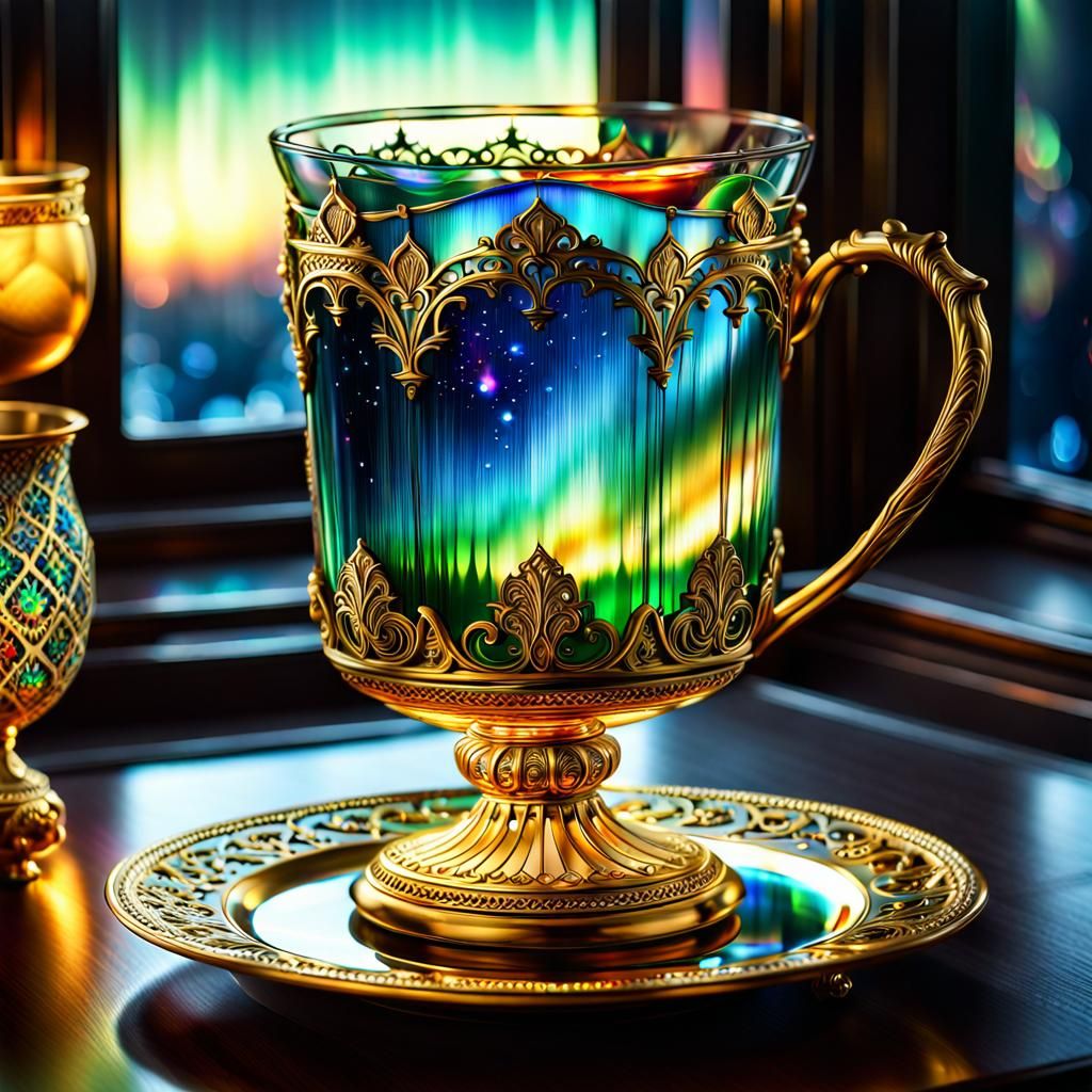 Aurora Borealis Tea in Gilded Glass, Hyperrealistic