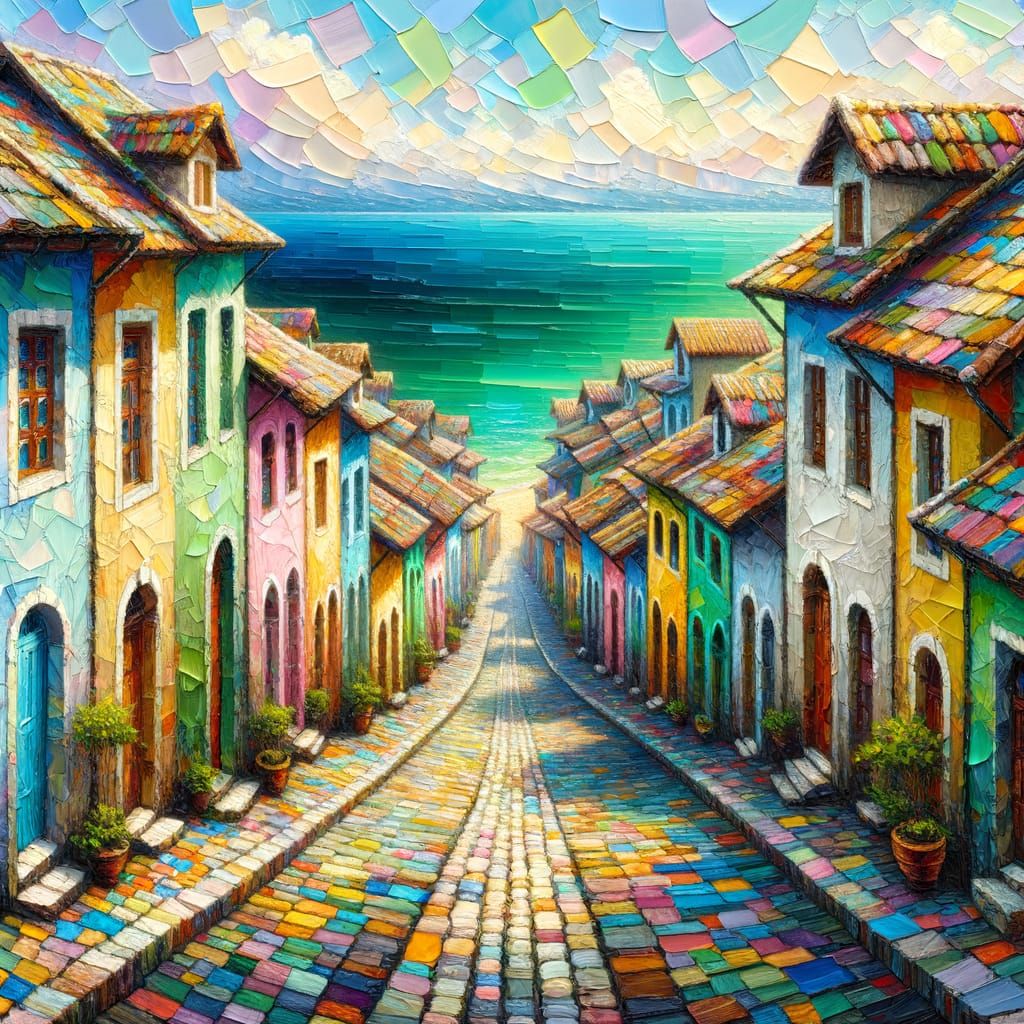 Tropical Cobblestone Street: Impressionist Impasto Oil Paint...