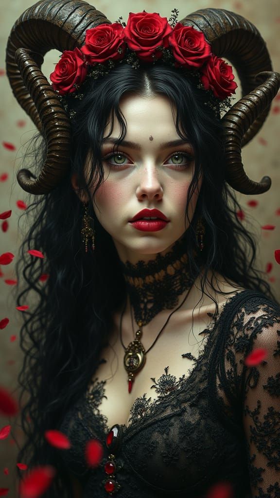 Gothic Sorceress with Ram Horns Amidst Crimson Petals