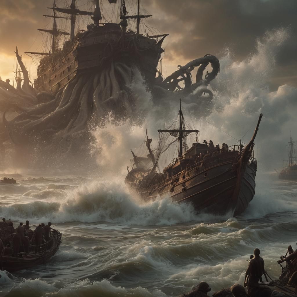 Kraken Attacks Galleon: Epic Digital Matte Painting