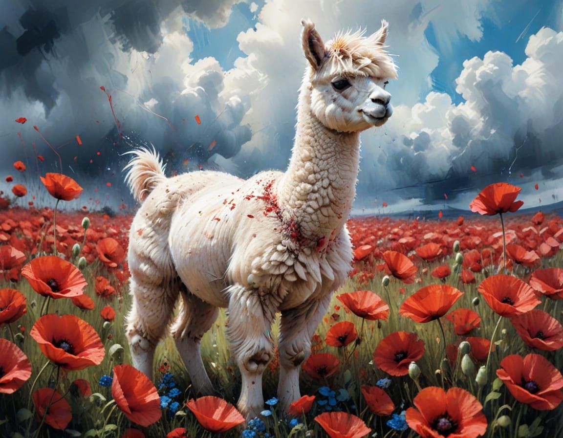 Alpaca in Poppy Field: Neo-Impressionist Oil Painting