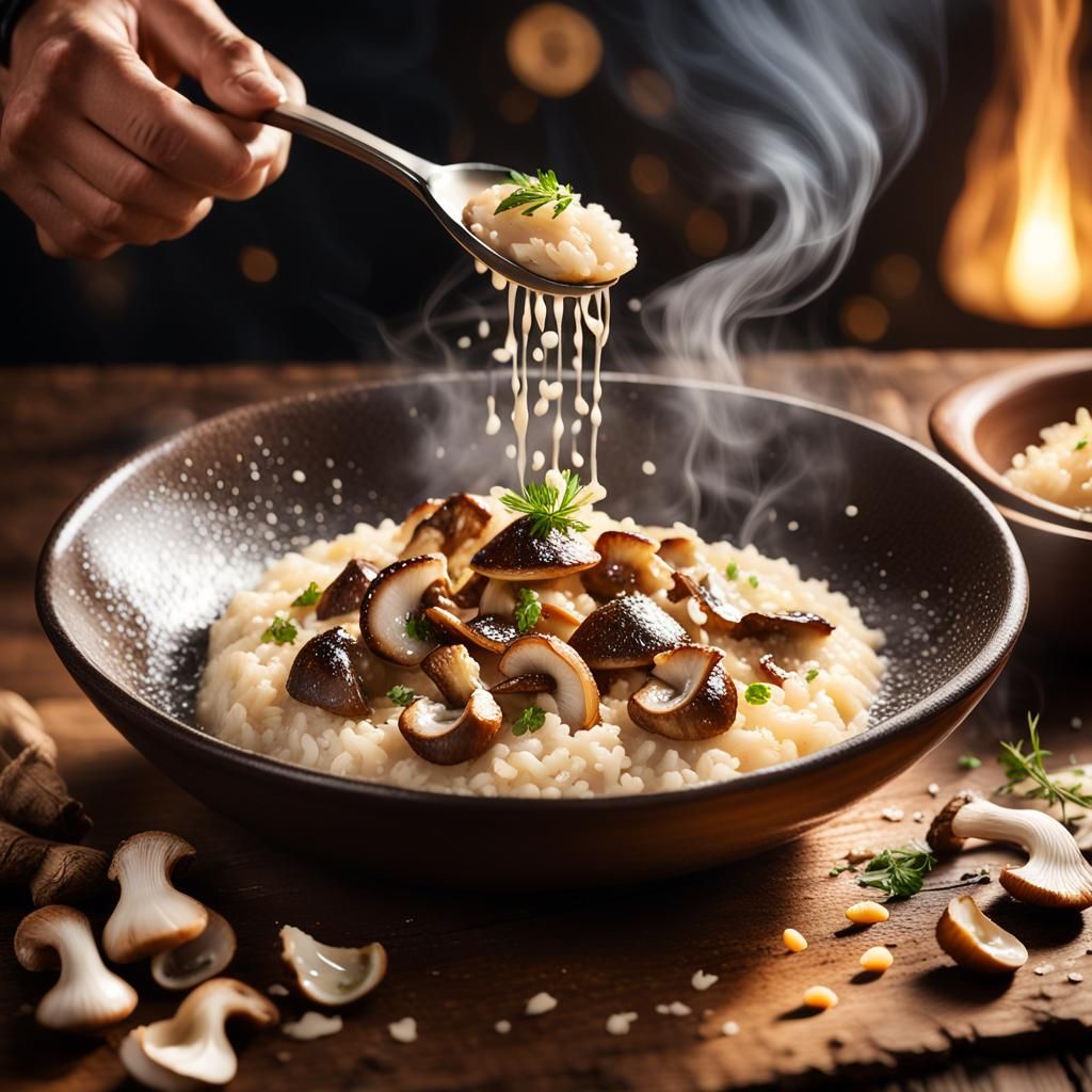 Steaming Mushroom Risotto Food Photography