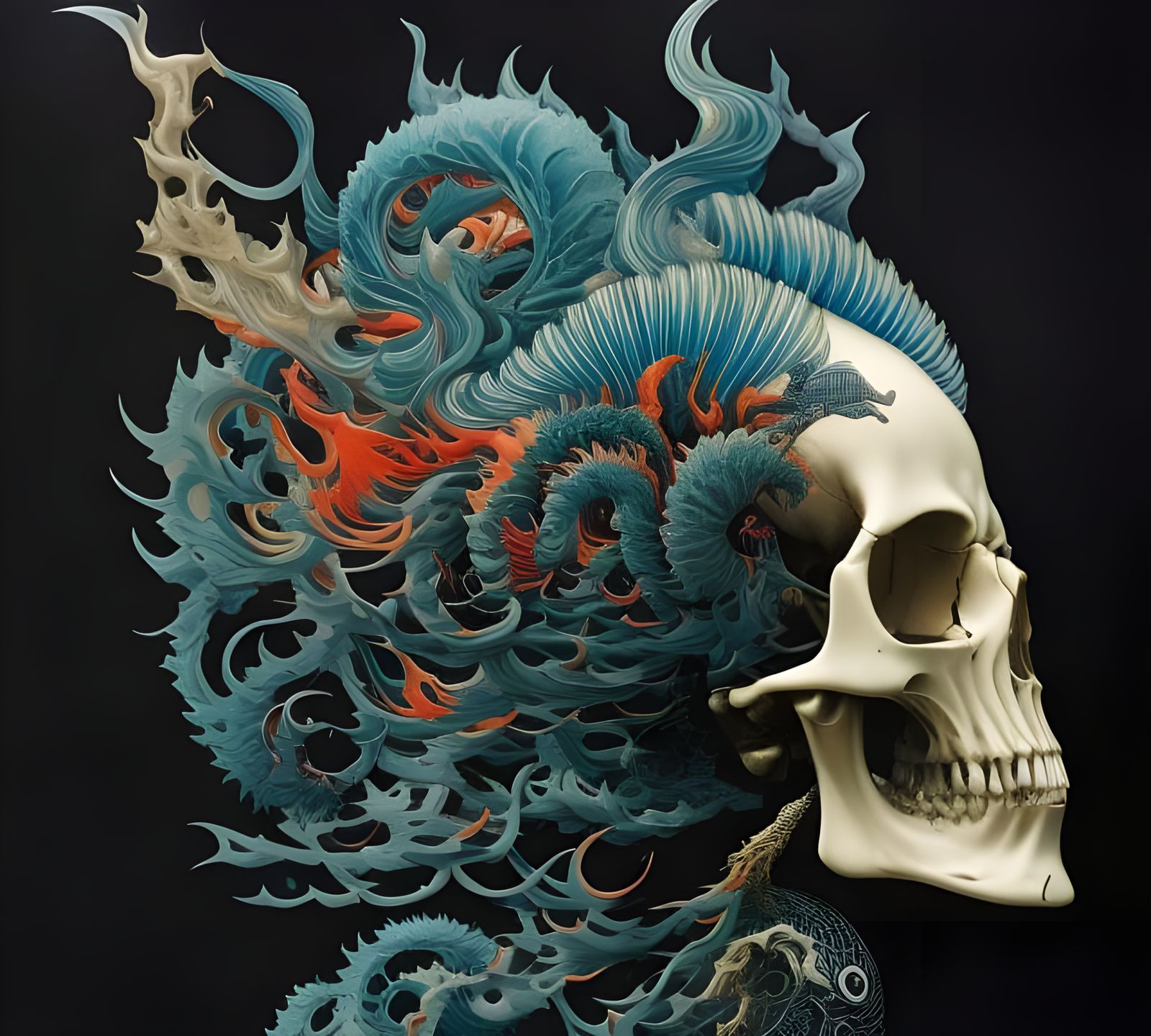 Flaming Cyberpunk Skull in Monochromatic Gouache