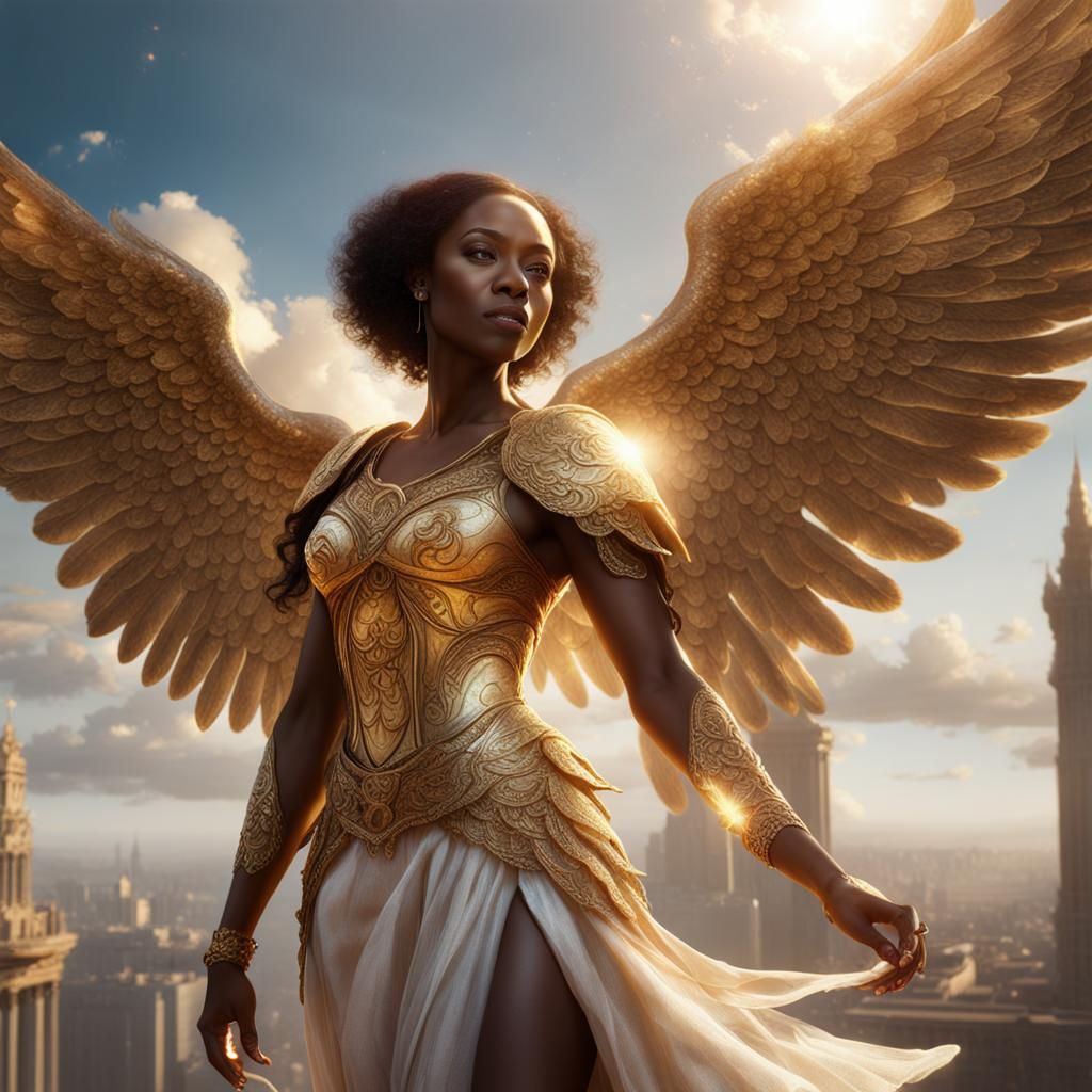 African American Angel in Golden Light: Fantasy Art