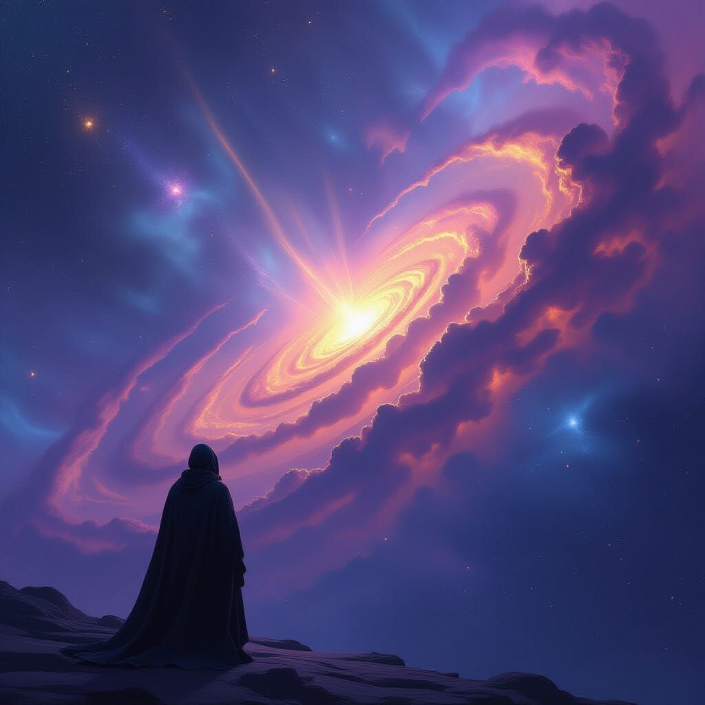 Lone Figure Contemplates Swirling Nebula