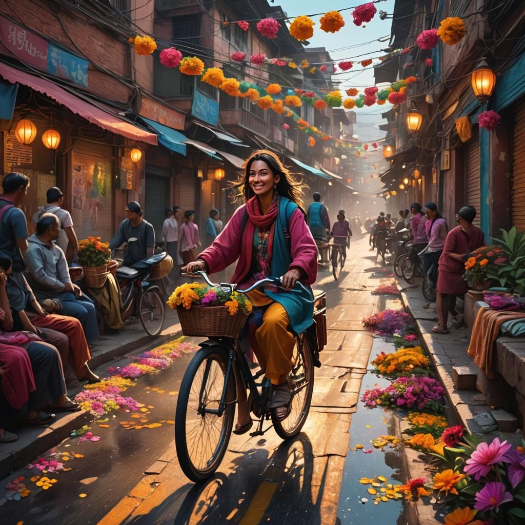 Girl on Bike in Kathmandu: Vibrant Concept Art