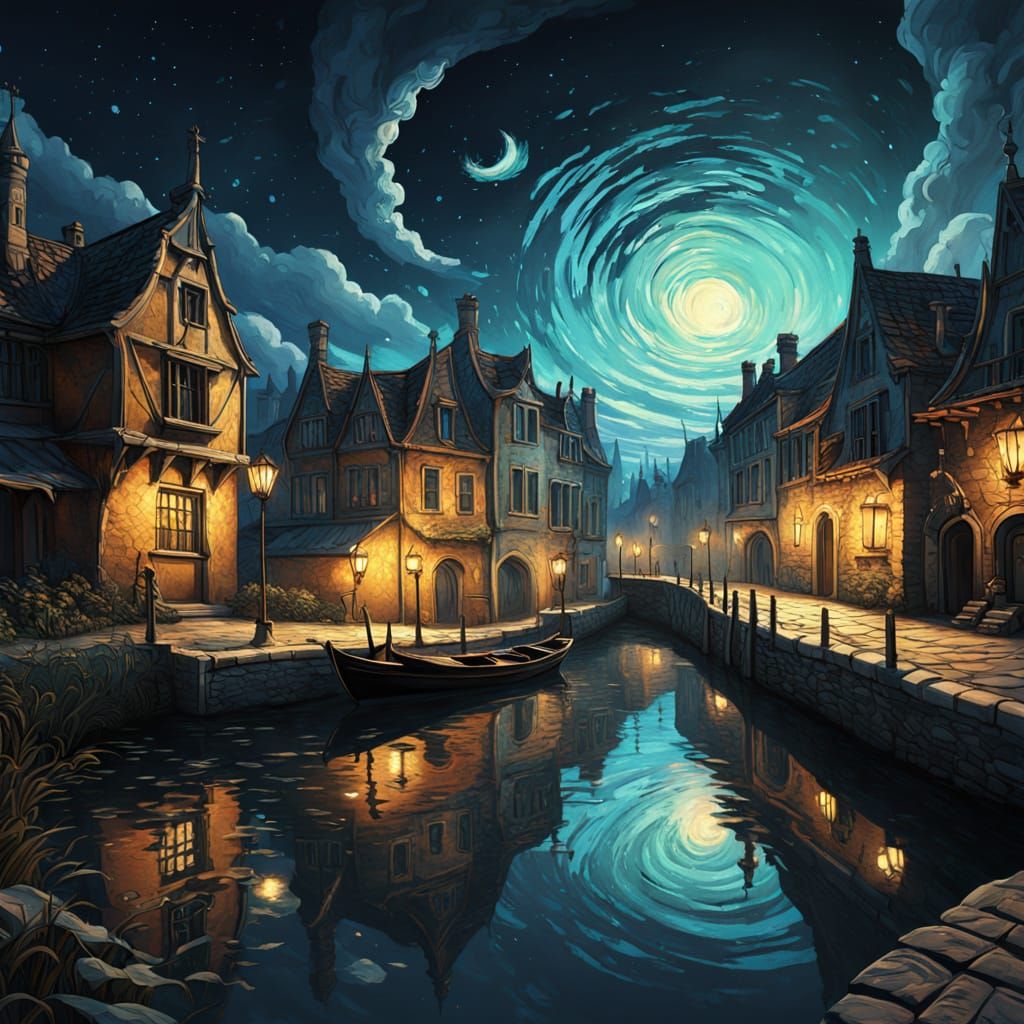 Surrealist Canal Reflecting a Vibrant Van Gogh Night