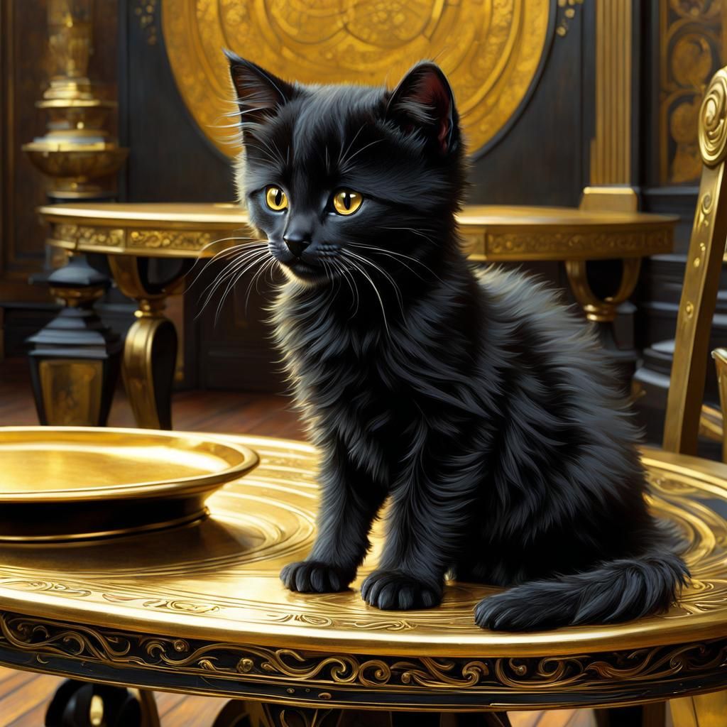 Black Kitten on Golden Table, Anime Style